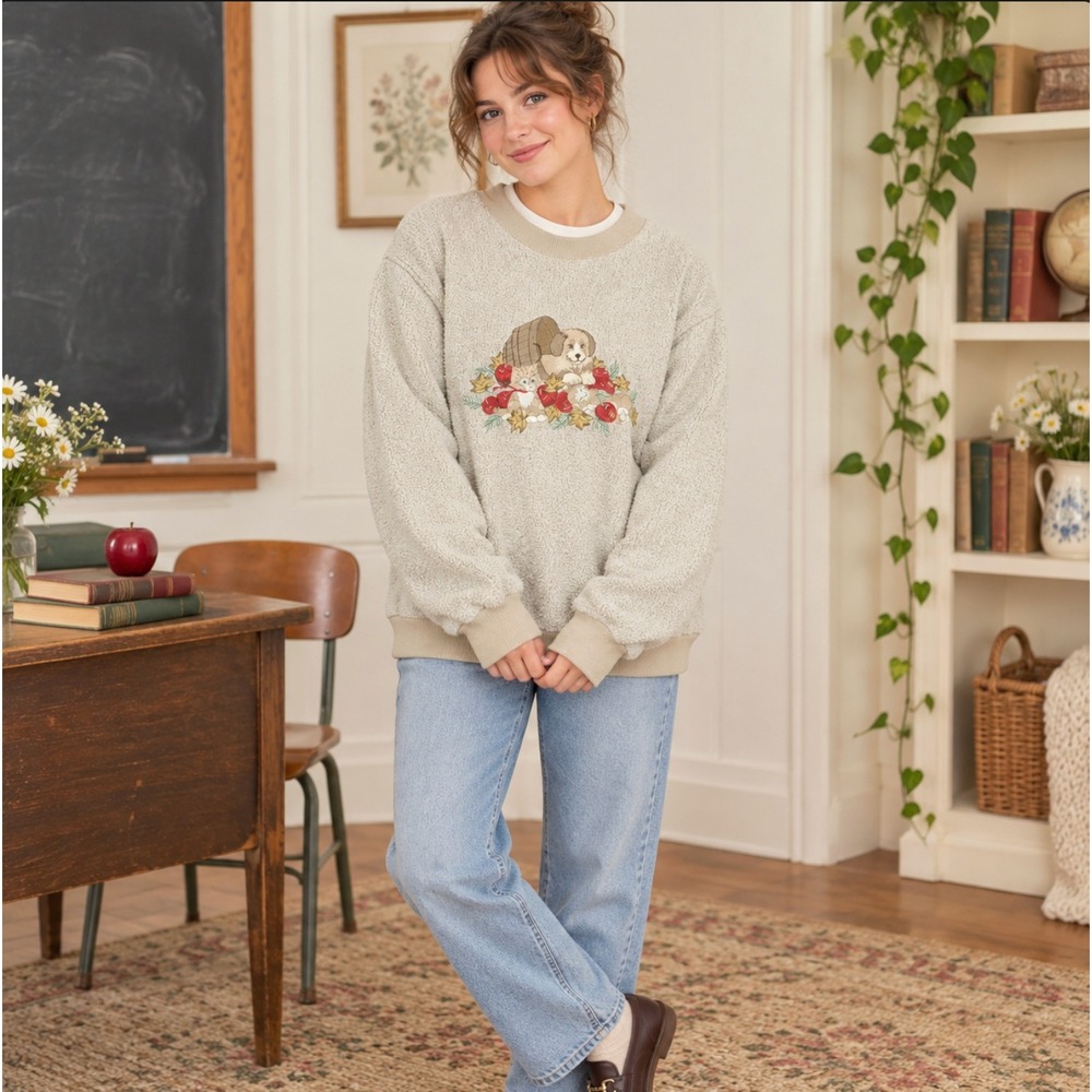 Vintage XS Sweatshirt Oversized 90s  Embroidered Dog Cat Fall Double Collar Tan